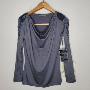gray long-sleeved sequin cowl neck top size small